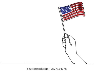 Mano que sostiene la bandera americana en un dibujo de línea continua. Diseño minimalista que muestra patriotismo y orgullo nacional. Ilustración lineal para conceptos de independencia.