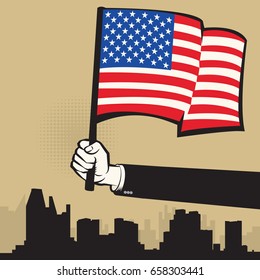 Hand holding American flag. USA Flag. Vector illustration.