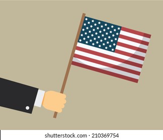 Hand holding an American flag. Vector illustration.