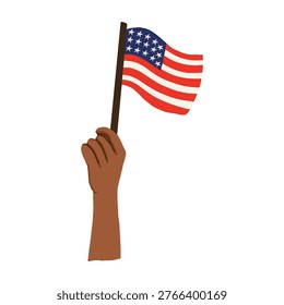 Hand holding american flag waving vector illustration. Person holding united states flag for patriotic celebration. Patriotic concept of hand raising the american flag