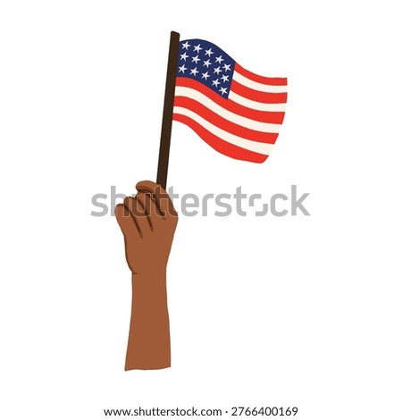 Hand holding american flag waving vector illustration. Person holding united states flag for patriotic celebration. Patriotic concept of hand raising the american flag