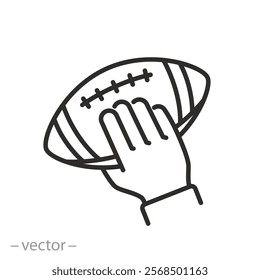 hand holding american football ball icon, thin line simple web symbol on white background concept, editable stroke vector illustration eps10