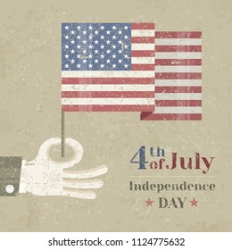 Hand holding American national flag on background, for independents day celebration. Vector illustration.