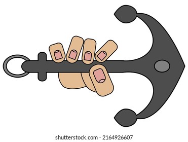Hand holding an anchor, isolated on white background in cartoon style in vector graphic