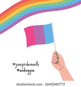 A hand holding androgyne pride flag. LGBT pride month square banner. Vector illustration for an annual celebration of gender diversity