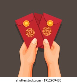 Hand holding angpao money on envelope, chinese new year celebrate concept in cartoon illustration vector