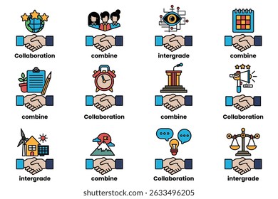A hand holding another hand, with a variety of symbols and words surrounding them. The symbols include a clock, a book, a microphone, a gavel, a scale, a globe, a plant, a person