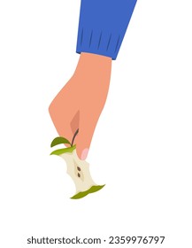 Hand holding apple core. Hand throws apple core into trash can. Organic waste. Trash sorting, recycling. Vector illustration