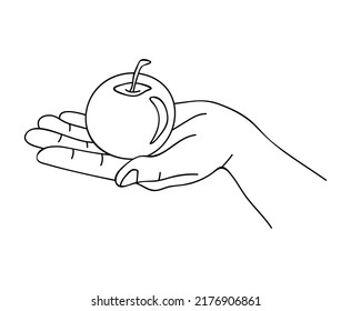 Hand holding an apple. Apple in hand icon. Concept of healthy lifestyle. Vegetarian or vegan food. Light snack. Dieting for weight loss. Positive thinking. Health care. Sketch, linear drawing
