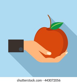 Hand Holding Apple Icon In Flat Style With Long Shadow. People And Fruits Symbol