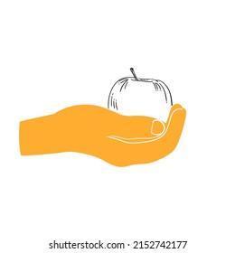 Hand holding an apple outline and flat vector illustration. Line style, sketch, symbol, icon on a white isolated background