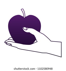 Hand holding apple in purple lines