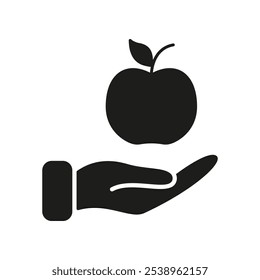 Mano que sostiene el icono de la silueta de Apple. Concepto De Dieta Y Comida Vegana Para Una Alimentación Saludable. Nutrición Vegetariana Y Dieta Para Opciones De Alimentos Saludables. Ilustración vectorial aislada.