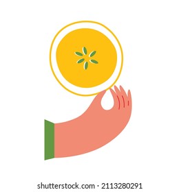 Hand holding apple. summer Fruit. Flat vector illustration. Funny colored typography poster. Fruit lover concept. Isolated.
