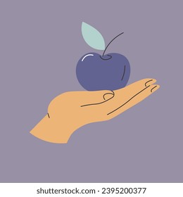 Mano sosteniendo manzana. Símbolo de productos naturales frescos de la granja. Brazo humano aislado con fruta madura con hoja y tallo. Sabrosa comida orgánica y natural. Aperitivos saludables, comida saludable. Vector de estilo plano