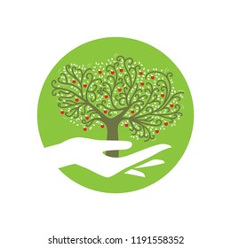 hand holding apple tree, logo icon