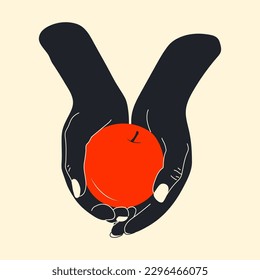 A hand holding an apple. Vector illustration