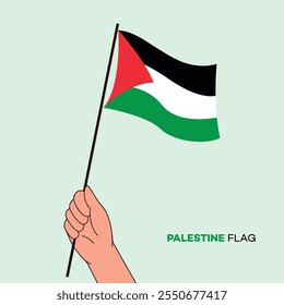 Hand holding Arabic Palestine flag in line art drawing style. Palestine hand Flag waving. Vector illustration