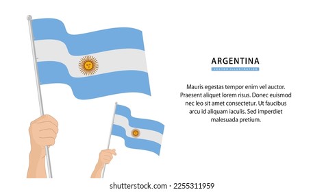 Mano portando la bandera argentina. Ilustración de estilo plano. Bandera ondulante de Argentina aislada. ilustración vectorial