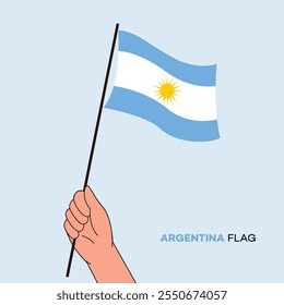 Hand holding Argentina flag in line art drawing style. Argentina hand Flag waving. south America Vector illustration