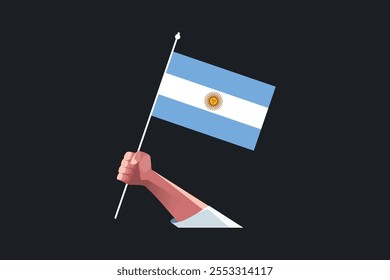 Uma mão segurando uma bandeira da Argentina, Bandeira da Argentina símbolo nacional ilustração Vetor, Retângulo Argentina bandeira ilustração, Vetor plano ilustração
