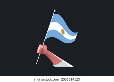 Uma mão segurando uma bandeira da Argentina, Bandeira da Argentina símbolo nacional ilustração Vetor, Retângulo Argentina bandeira ilustração, Vetor plano ilustração
