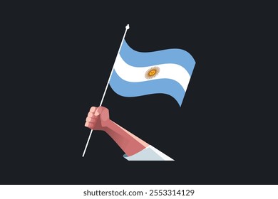 Uma mão segurando uma bandeira da Argentina, Bandeira da Argentina símbolo nacional ilustração Vetor, Retângulo Argentina bandeira ilustração, Vetor plano ilustração
