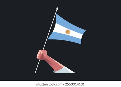 Uma mão segurando uma bandeira da Argentina, Bandeira da Argentina símbolo nacional ilustração Vetor, Retângulo Argentina bandeira ilustração, Vetor plano ilustração
