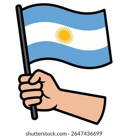 Hand Holding Argentinian Flag Waving Cartoon Illustration