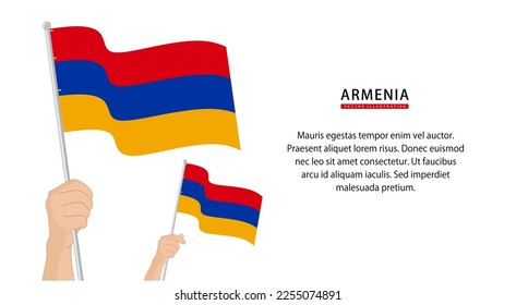 Hand holding Armenia flag. Illustration in flat style. Waving flag of Armenia isolated. vector illustration