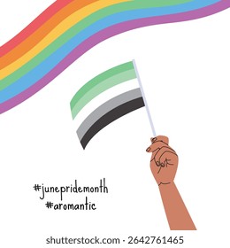 A hand holding aromantic pride flag. LGBT pride month square banner. Vector illustration for an annual celebration of gender diversity