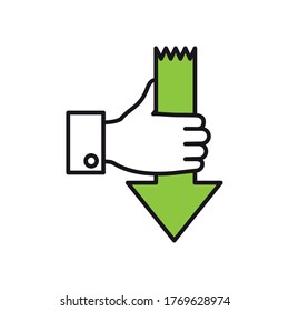 mano sosteniendo una flecha con dirección descendente sobre fondo blanco, medio color estilo, ilustración vectorial