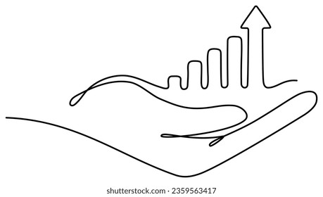 Hand holding arrow with growth graph continuous line drawing. Vector illustration isolated on white.