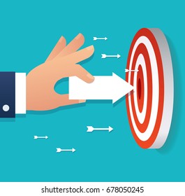 hand holding arrow icon point to target archery vector, business concept illustration 