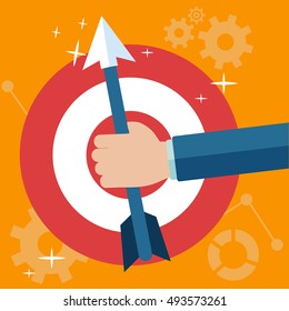 Hand holding arrow on the center red target in flat style suitable for risk or targeting business concept design.