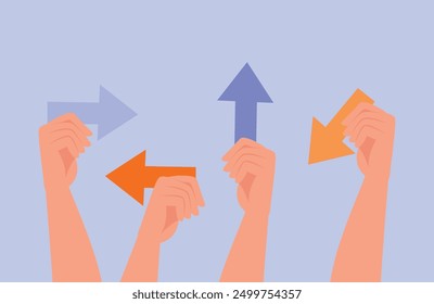 Hand holding arrows in different directions. Character vector design. Flat illustration style.