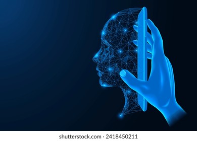 Hand is holding an artificial intelligence phone. The face of the virtual assistant in the device screen. Polygonal design. Blue background.