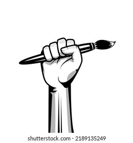 Hand Holding Artist Paint Brush Vector Illustration. Arm Raised Up With Hand Holding Brush
