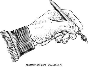 A hand holding an artists paintbrush or paint brush in a vintage engraved or etched woodcut print style