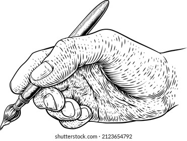 A hand holding an artists paintbrush or paint brush in a vintage engraved or etched woodcut print style