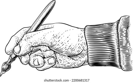 A hand holding an artists paintbrush or paint brush in a vintage engraved or etched woodcut print style