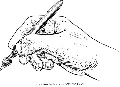 A hand holding an artists paintbrush or paint brush in a vintage engraved or etched woodcut print style