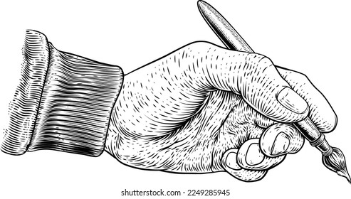 A hand holding an artists paintbrush or paint brush in a vintage engraved or etched woodcut print style