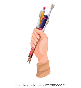 Hand holding artists tools for art drawings vector illustration. Cartoon isolated human arm with brushes, marker and pencil to make art work, person with school and office stationery and supplies