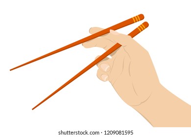 Hand holding asian chinese couple of chopstick. Finger and wooden stick position instruction. Isolated flat vector illustration