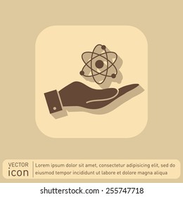 hand holding the atom, molecule. the symbol of physics and chemistry. symbol icon of physics or chemistry . the study of science