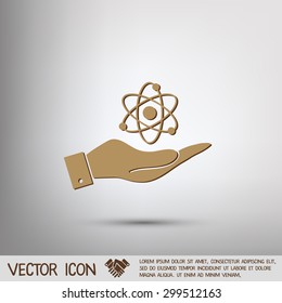 hand holding the atom, molecule. the symbol of physics and chemistry. symbol icon of physics or chemistry . the study of science