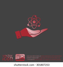 hand holding the atom, molecule. the symbol of physics and chemistry. symbol icon of physics or chemistry . the study of science