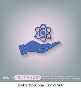 hand holding the atom, molecule. the symbol of physics and chemistry. symbol icon of physics or chemistry . the study of science