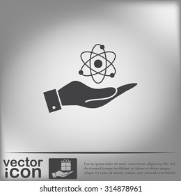 hand holding the atom, molecule. the symbol of physics and chemistry. symbol icon of physics or chemistry . the study of science